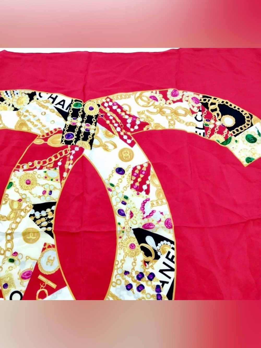 ✨🛍️ Chanel Red Multicolor CC Jewelry Pattern Silk Scarf - Picture 2 of 7